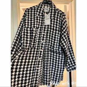 Zara White & Black Check Tweed Snap Jacket/ Coat